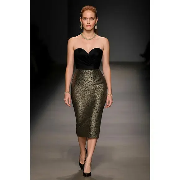 Badgley Mischka | Dresses | Badgley Mischka Sz Black Satin Strapless Dress  Crackle Gold Skirt Midi Runway | Poshmark